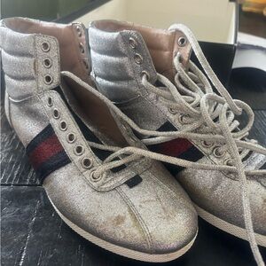 Silver Glitter High Top Sneakers with Red & Navy Stripe